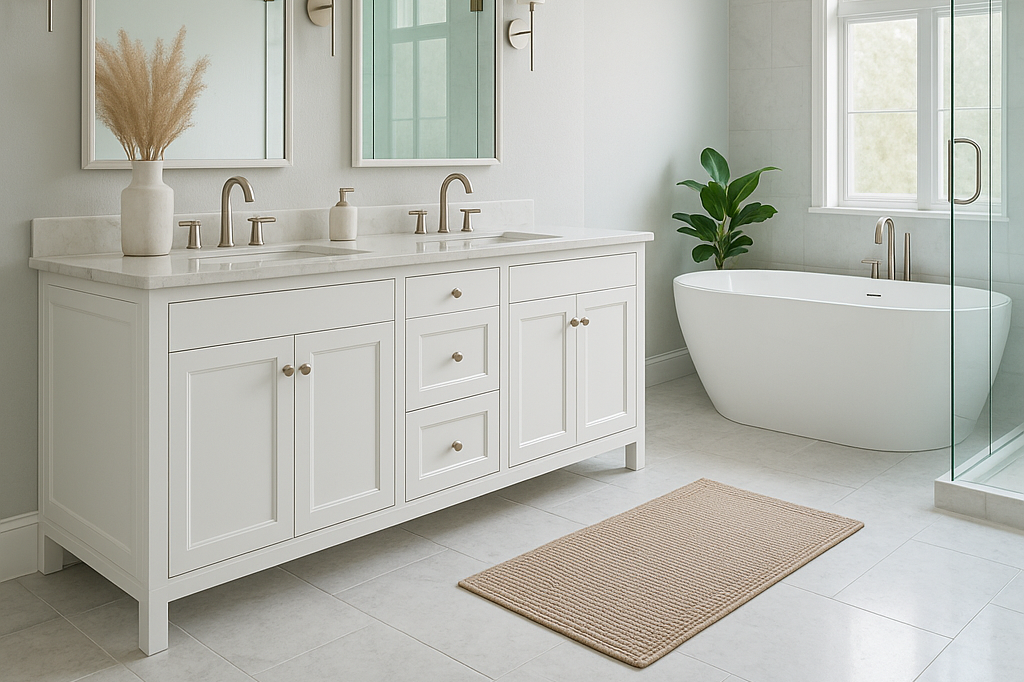 Helles Badezimmer mit weißen Möbeln, Badewanne und Pflanzen.