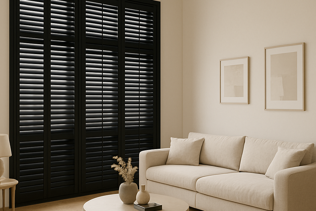 Heller Wohnraum mit beigem Sofa, Kissen und hellem Holz, Vorhänge und abstrakten Bildern.