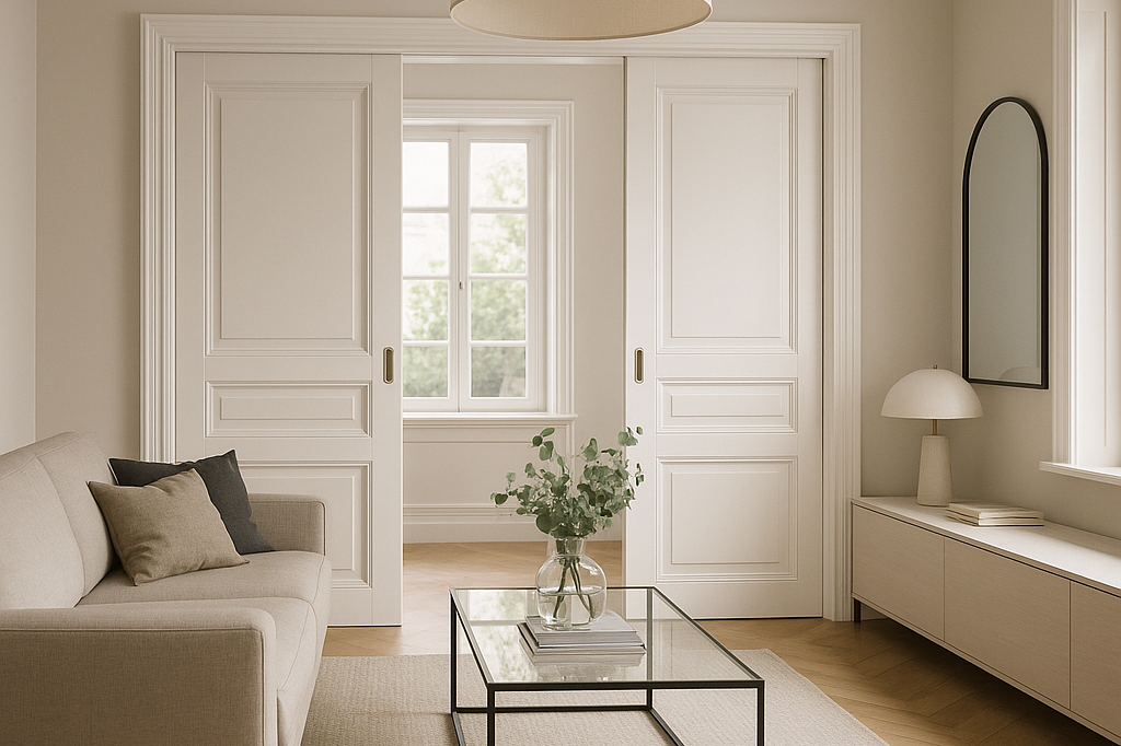 Helles Wohnzimmer mit beigem Sofa, Tisch, Pflanzen und großen Fenstern.