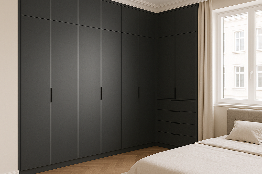 Schlafzimmer mit einem modernen schwarzen Kleiderschrank und einem Bett.