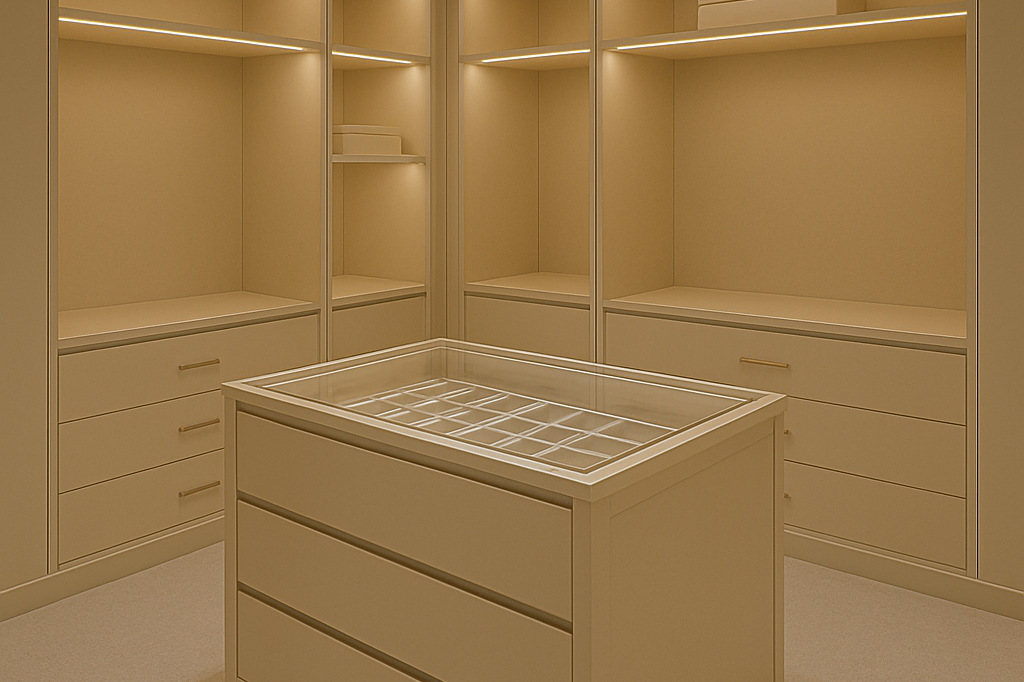 Heller begehbarer Kleiderschrank mit integrierter Beleuchtung und Schubladen.