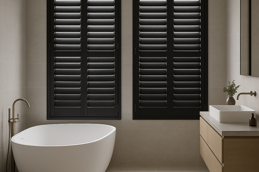 Modern Badezimmer mit freistehender Badewanne und schwarzen Fensterläden.