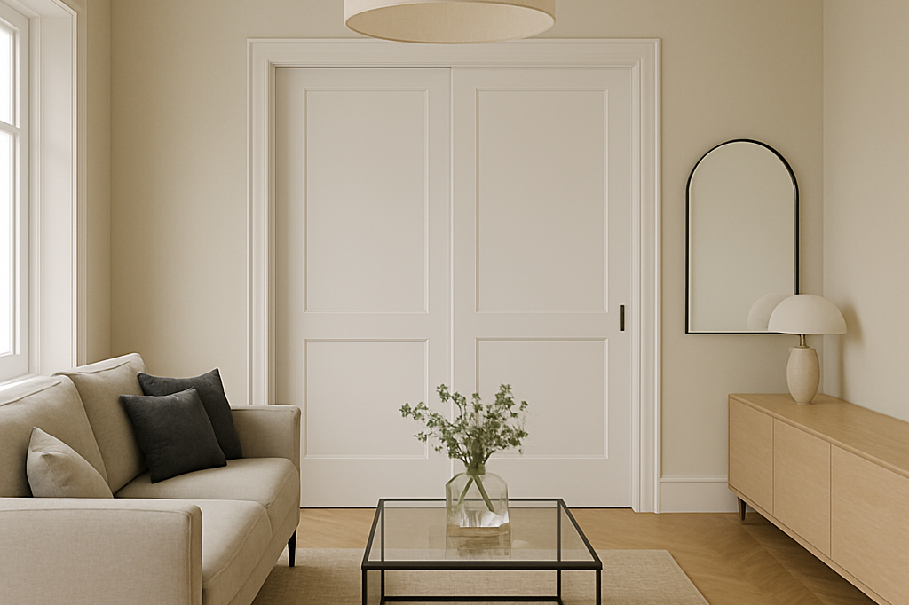 Heller Wohnraum mit beiger Wand, Sofa, Tisch und dekorativem Spiegel.