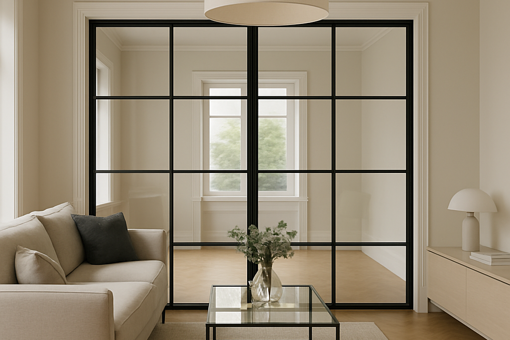 Moderne Wohnlandschaft mit einem Sofa, Glastisch und einem Fenster mit Rahmen.