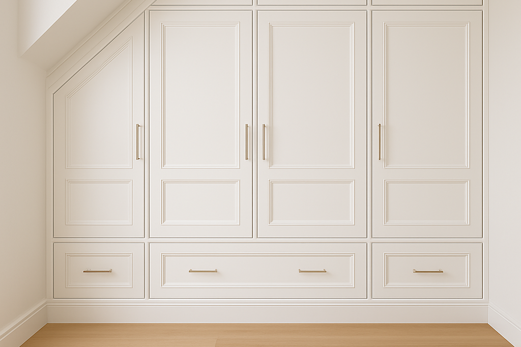Weiße Wand mit eingebautem Kleiderschrank und niedrigen Schubladen.