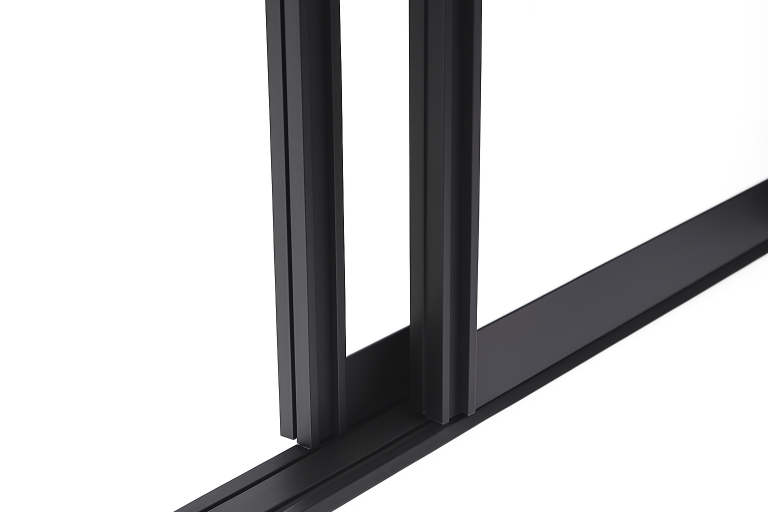 Schwarze Aluminiumprofile, die sich an einer Kante berühren.