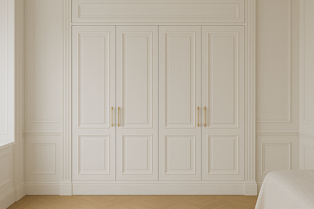 Weiße Wände mit einem eleganten, flachen Schrank und zwei goldenen Griffen.