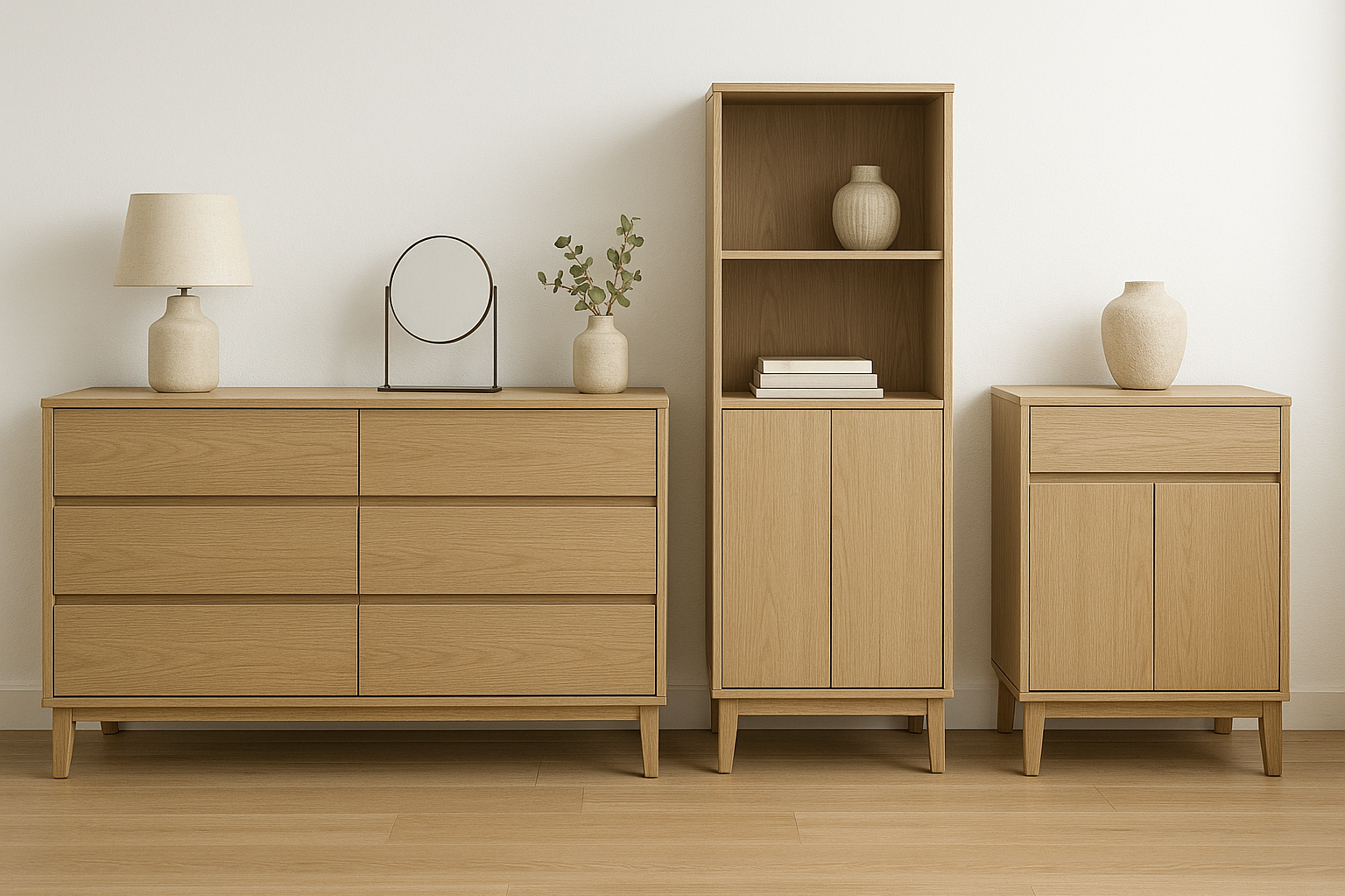 Holzschränke in modernem Design mit Lampen und dekorativen Elementen.