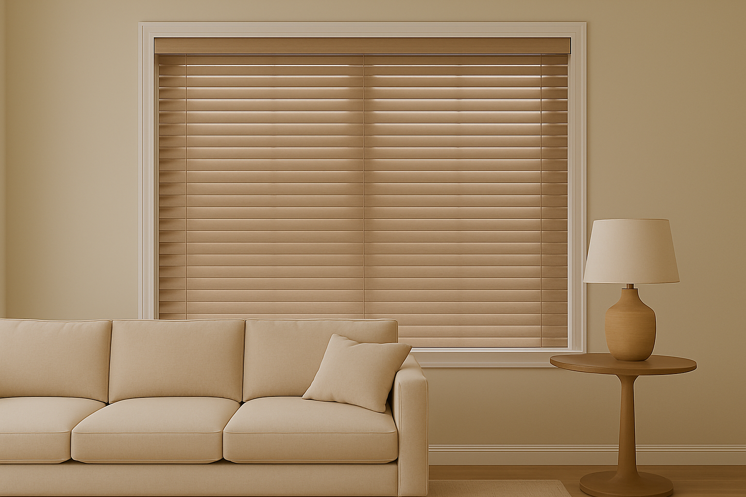 Beige Sofa vor Fenster mit Holzjalousien und Tischlampe in einem hellen Raum.