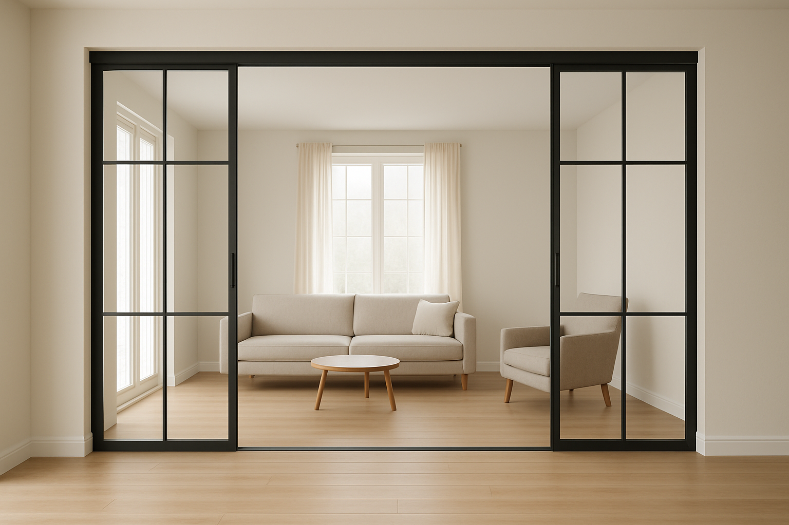 Modern Wohnraum mit Sofa, Sessel und Tisch, umrahmt von großen Fenstern.